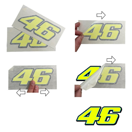 Instructions installation guide for Neon Fluorescent yellow vinyl stickers with the number 46 Valentino Rossi designed for motorcycle customization.