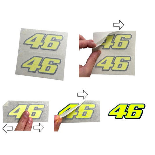 Instructions installation guide Neon Fluorescent yellow vinyl stickers with the number 46 Valentino Rossi designed for motorcycle customization.