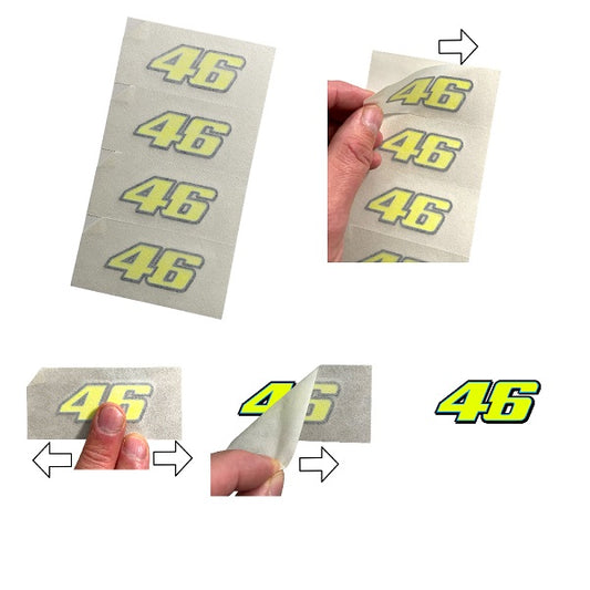 Instructions installation guide Neon Fluorescent yellow vinyl stickers with the number 46 Valentino Rossi designed for motorcycle customization.